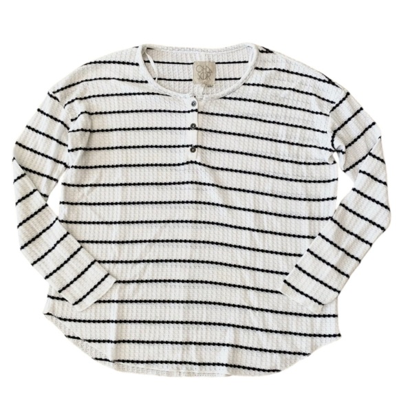 CHASER Thermal Henley Waffle Knit Oversized Striped Long Sleeve Shirt Size M - Picture 2 of 6
